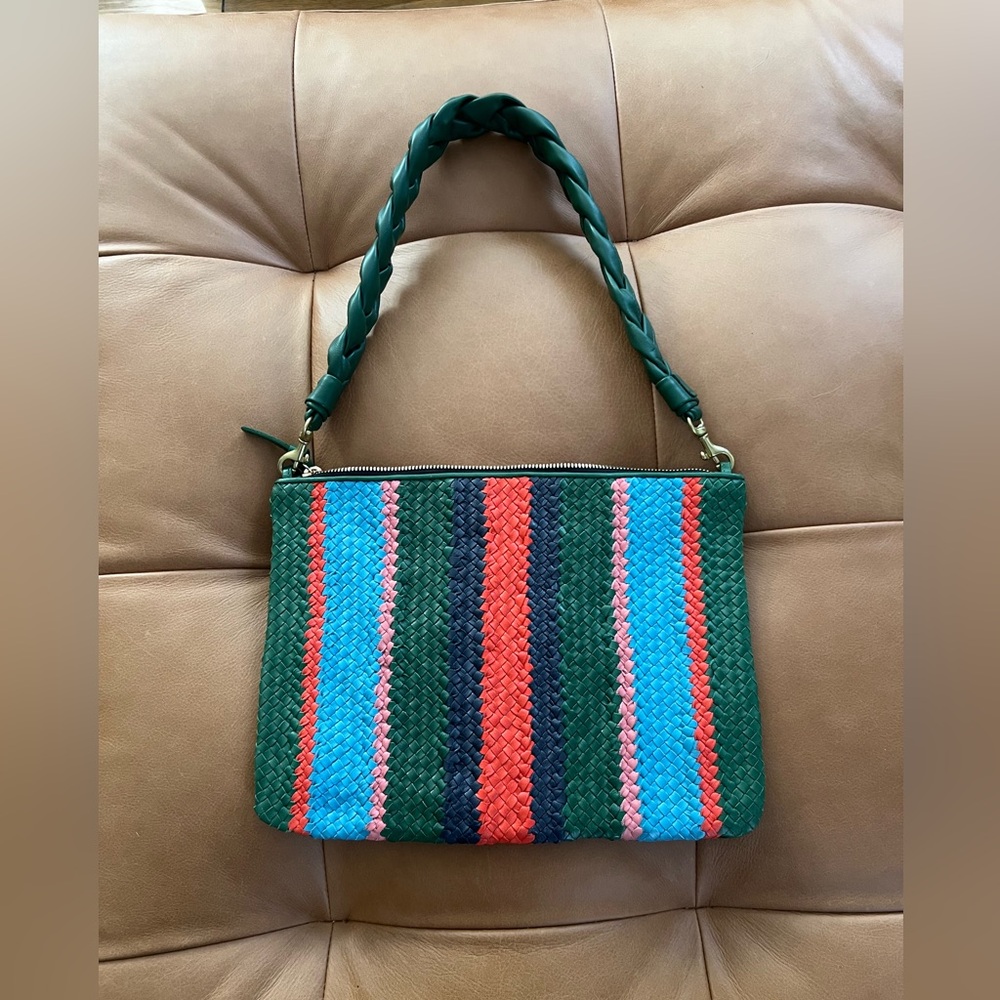 Clare V. Flat Clutch with tabs in evergreen stripes